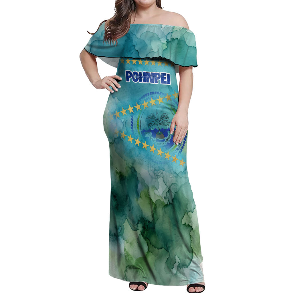 Pohnpei Federated States Of Micronesia Off Shoulder Maxi Dress Watercolor Heritage Graphic Art With State Seal And Tropical Stars TS04 Women Blue Green - Polynesian Pride