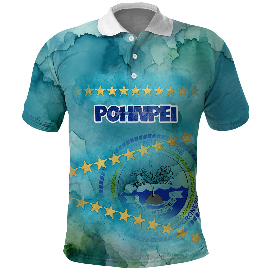 Pohnpei Federated States Of Micronesia Polo Shirt Watercolor Heritage Graphic Art With State Seal And Tropical Stars TS04 Blue Green - Polynesian Pride