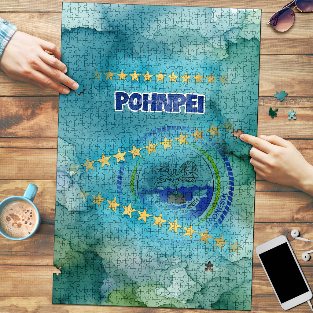 Pohnpei Federated States Of Micronesia Puzzle Watercolor Heritage Graphic Art With State Seal And Tropical Stars TS04 Blue Green - Polynesian Pride