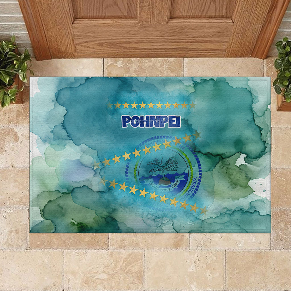 Pohnpei Federated States Of Micronesia Rubber Doormat Watercolor Heritage Graphic Art With State Seal And Tropical Stars TS04 Blue Green - Polynesian Pride