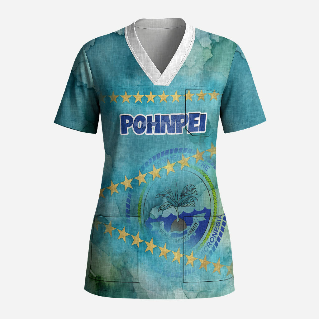 Pohnpei Federated States Of Micronesia Scrub Top Watercolor Heritage Graphic Art With State Seal And Tropical Stars TS04 Adult Blue Green - Polynesian Pride