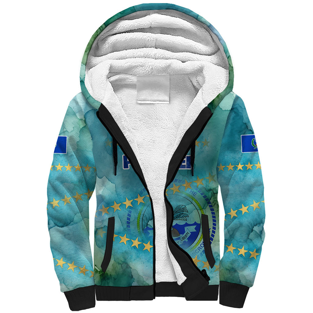 Pohnpei Federated States Of Micronesia Sherpa Hoodie Watercolor Heritage Graphic Art With State Seal And Tropical Stars TS04 Unisex Blue Green - Polynesian Pride