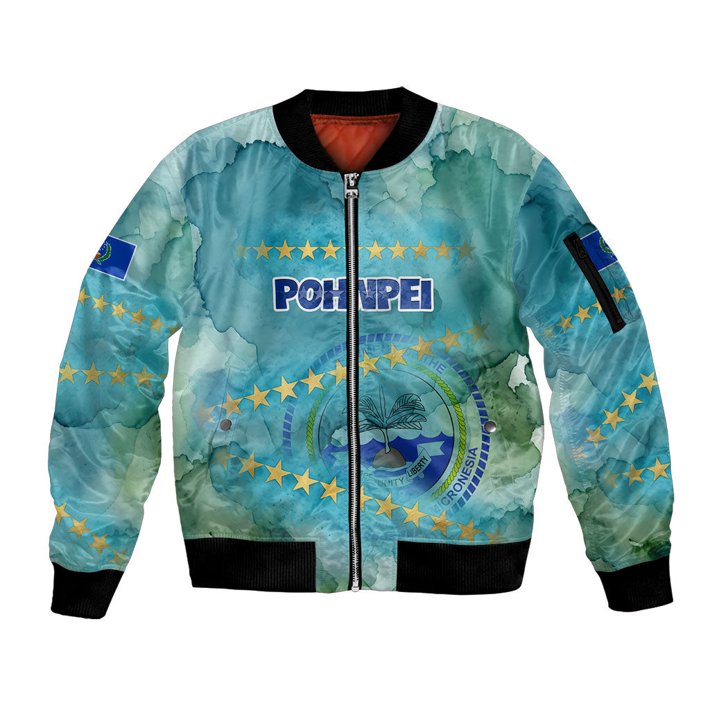 Pohnpei Federated States Of Micronesia Sleeve Zip Bomber Jacket Watercolor Heritage Graphic Art With State Seal And Tropical Stars TS04 Unisex Blue Green - Polynesian Pride