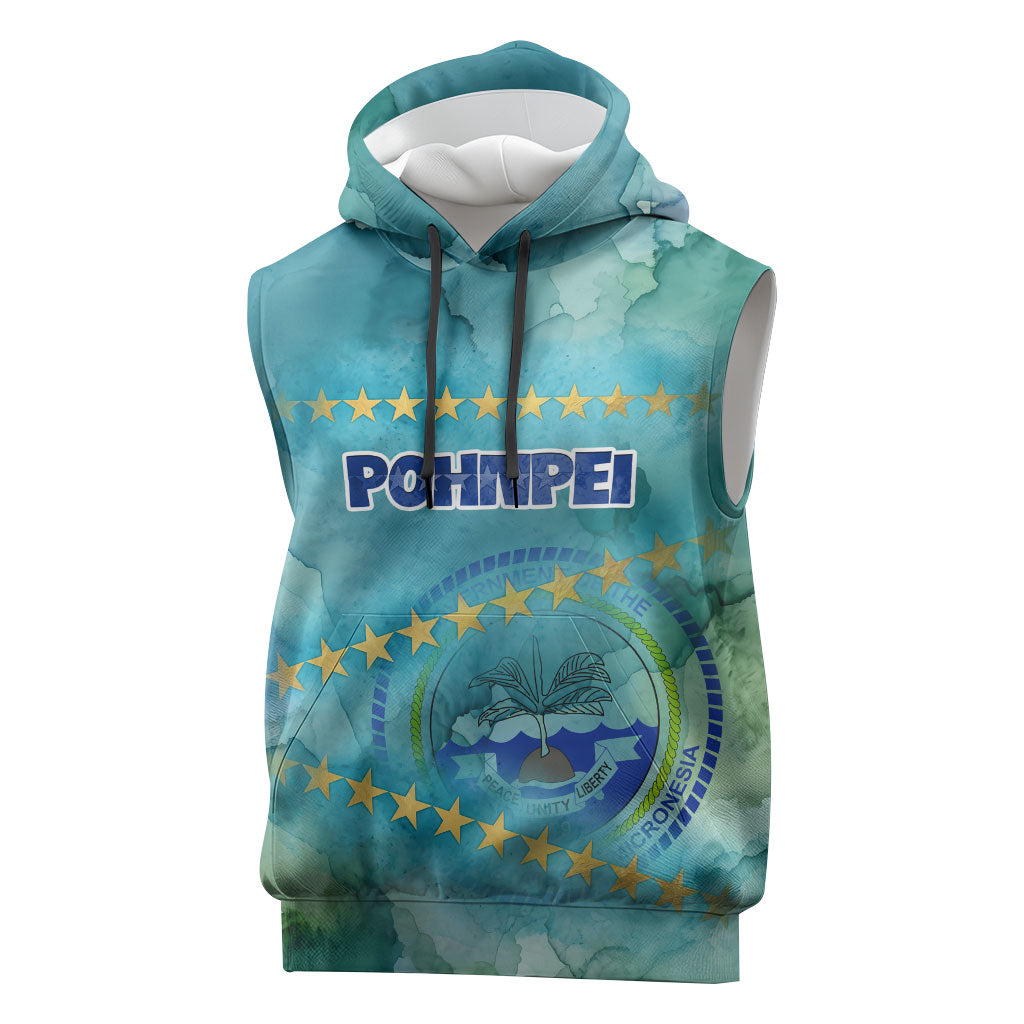 Pohnpei Federated States Of Micronesia Sleeveless Hoodie Watercolor Heritage Graphic Art With State Seal And Tropical Stars TS04 Blue Green - Polynesian Pride