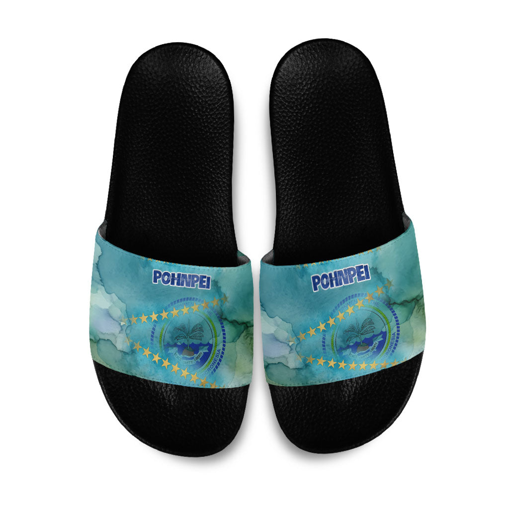 Pohnpei Federated States Of Micronesia Slide Sandals Watercolor Heritage Graphic Art With State Seal And Tropical Stars TS04 Blue Green - Polynesian Pride