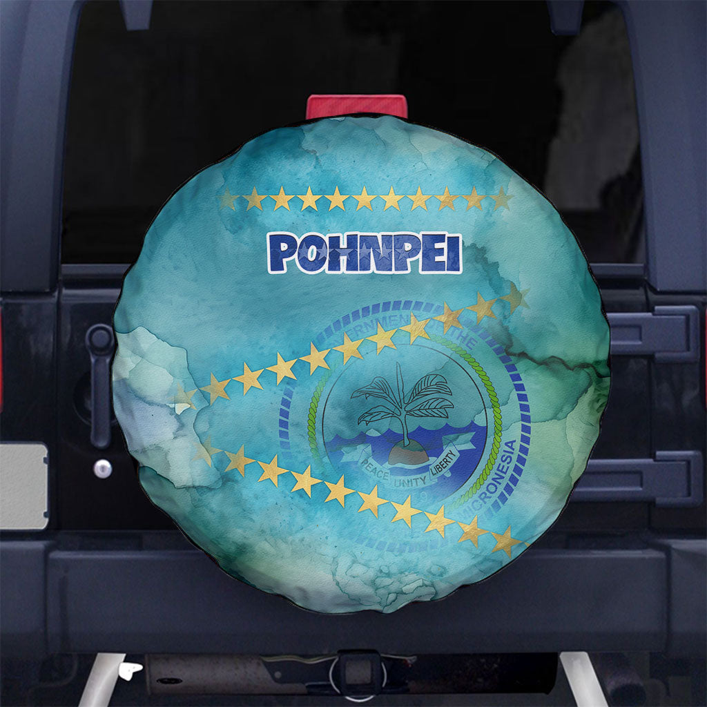 Pohnpei Federated States Of Micronesia Spare Tire Cover Watercolor Heritage Graphic Art With State Seal And Tropical Stars TS04 No hole Blue Green - Polynesian Pride