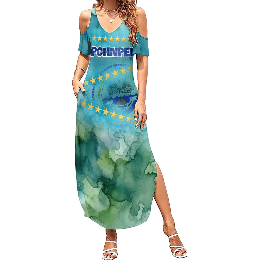 Pohnpei Federated States Of Micronesia Summer Maxi Dress Watercolor Heritage Graphic Art With State Seal And Tropical Stars TS04 Women Blue Green - Polynesian Pride