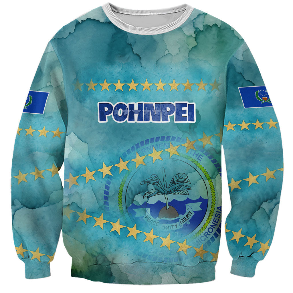 Pohnpei Federated States Of Micronesia Sweatshirt Watercolor Heritage Graphic Art With State Seal And Tropical Stars TS04 Unisex Blue Green - Polynesian Pride