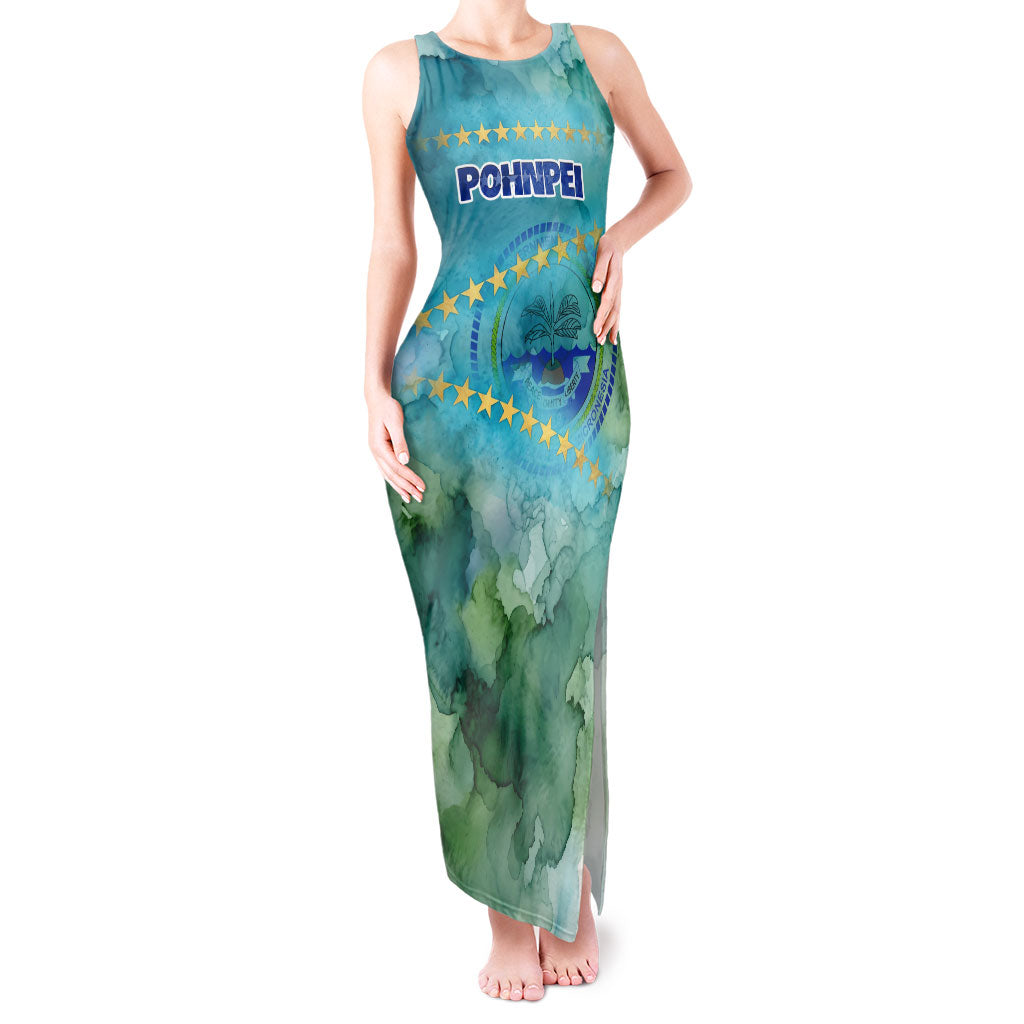 Pohnpei Federated States Of Micronesia Tank Maxi Dress Watercolor Heritage Graphic Art With State Seal And Tropical Stars TS04 Women Blue Green - Polynesian Pride