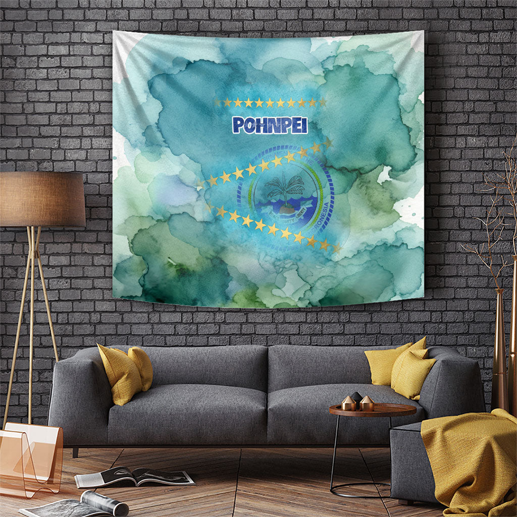 Pohnpei Federated States Of Micronesia Tapestry Watercolor Heritage Graphic Art With State Seal And Tropical Stars TS04 Blue Green - Polynesian Pride