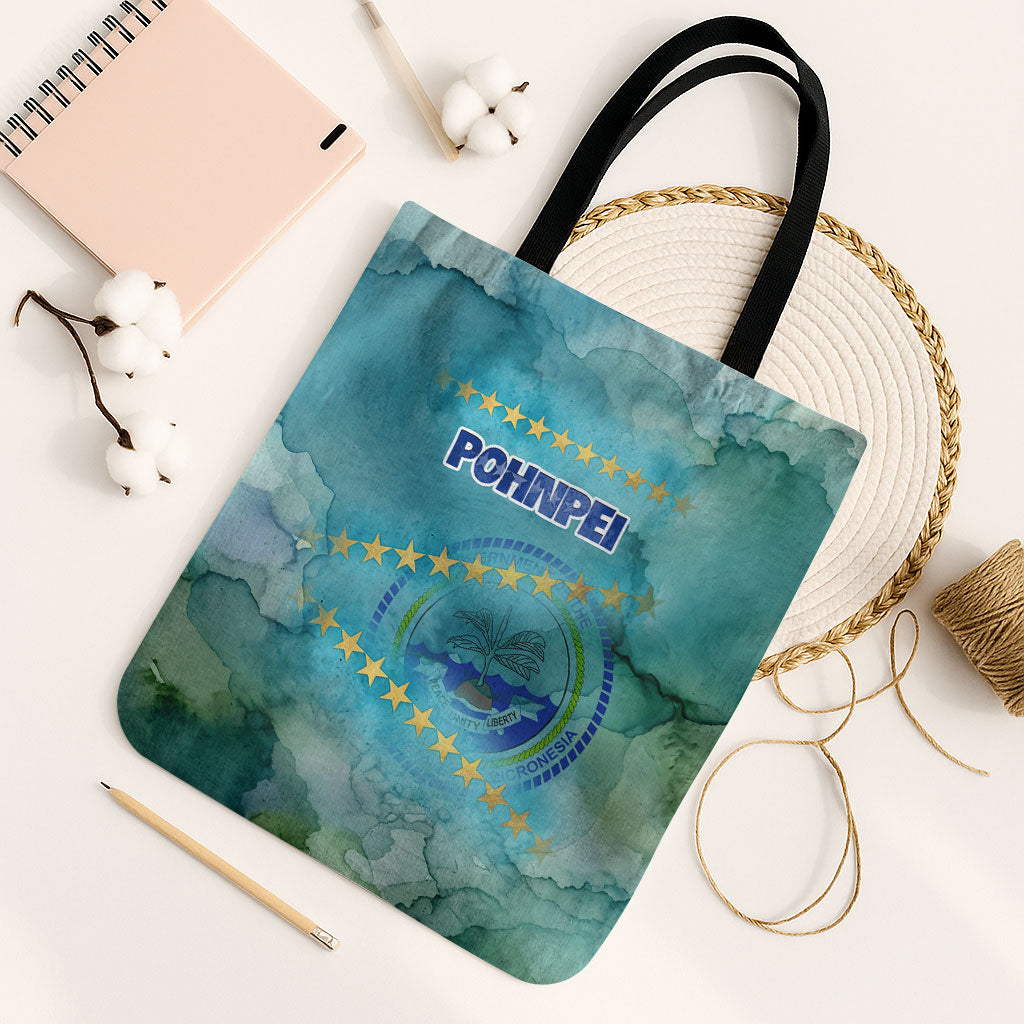 Pohnpei Federated States Of Micronesia Tote Bag Watercolor Heritage Graphic Art With State Seal And Tropical Stars TS04 Black Strap One Size Blue Green - Polynesian Pride