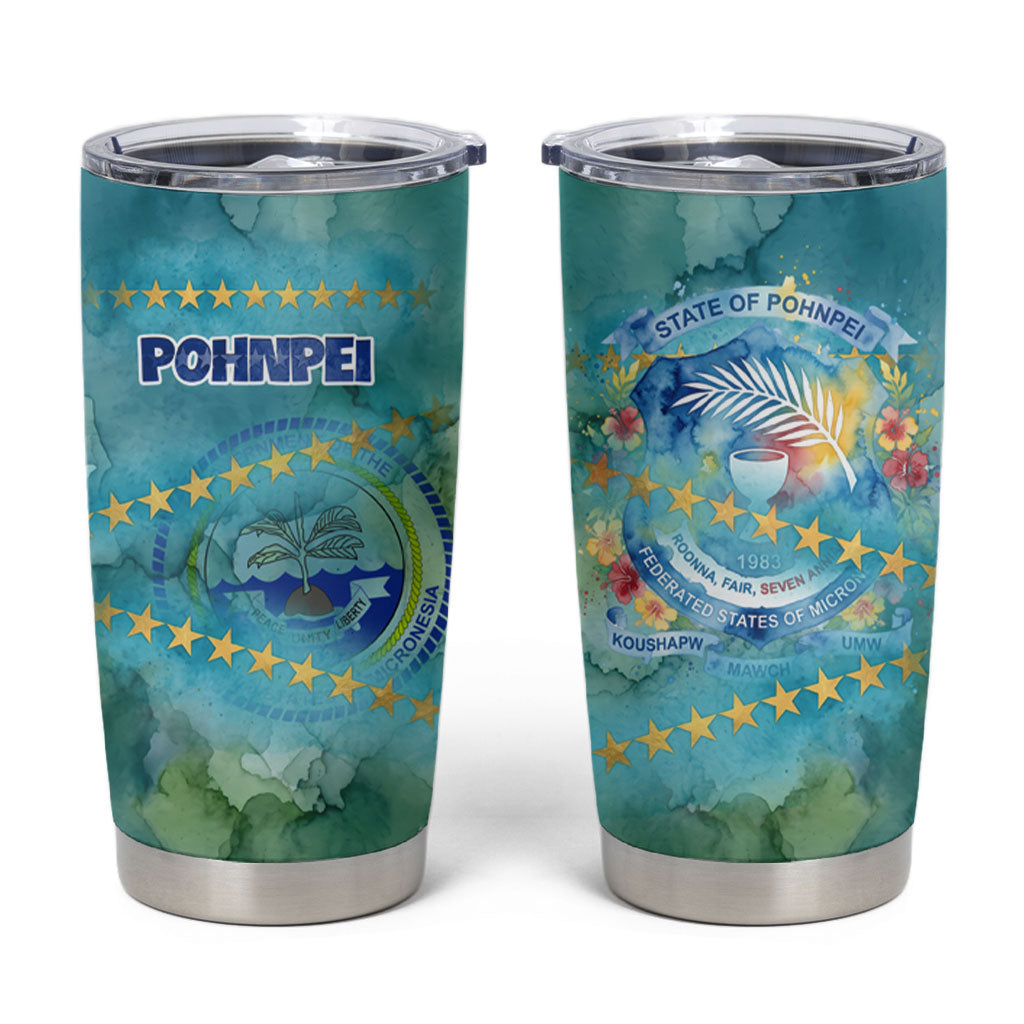 Pohnpei Federated States Of Micronesia Tumbler Cup Watercolor Heritage Graphic Art With State Seal And Tropical Stars TS04 Blue Green - Polynesian Pride