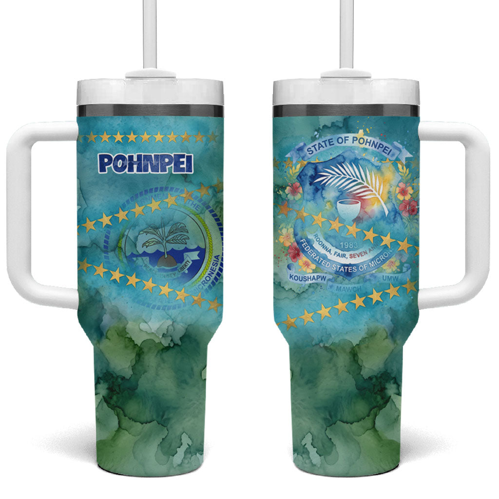Pohnpei Federated States Of Micronesia Tumbler With Handle Watercolor Heritage Graphic Art With State Seal And Tropical Stars TS04 One Size: 40 oz Blue Green - Polynesian Pride