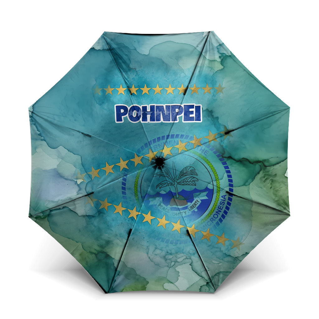Pohnpei Federated States Of Micronesia Umbrella Watercolor Heritage Graphic Art With State Seal And Tropical Stars TS04 One Size Folded 11.42 inch Opened Diameter 37.4 inch Blue Green - Polynesian Pride