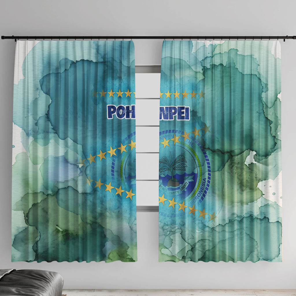 Pohnpei Federated States Of Micronesia Window Curtain Watercolor Heritage Graphic Art With State Seal And Tropical Stars TS04 With Hooks Blue Green - Polynesian Pride