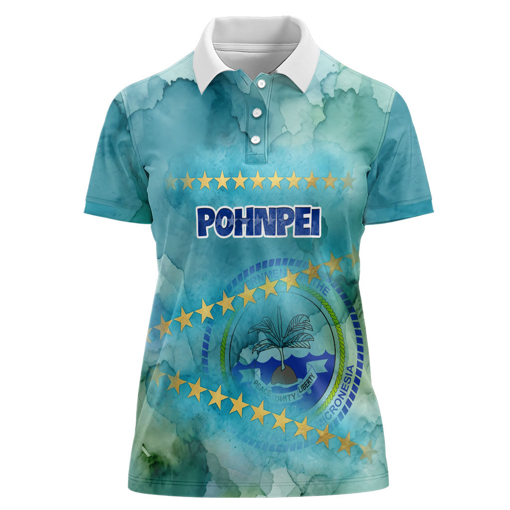 Pohnpei Federated States Of Micronesia Women Polo Shirt Watercolor Heritage Graphic Art With State Seal And Tropical Stars TS04 Female Blue Green - Polynesian Pride
