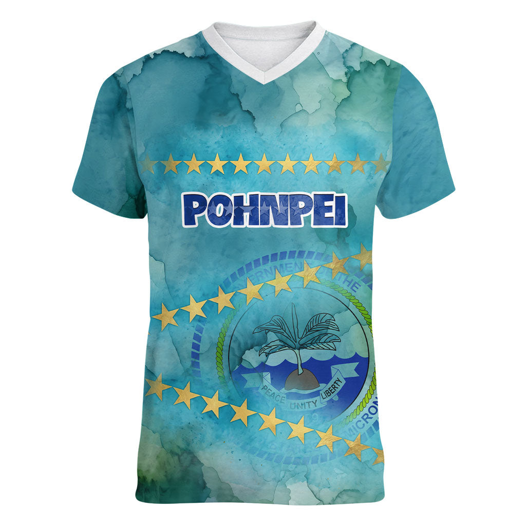 Pohnpei Federated States Of Micronesia Women V-Neck T-Shirt Watercolor Heritage Graphic Art With State Seal And Tropical Stars TS04 Female Blue Green - Polynesian Pride