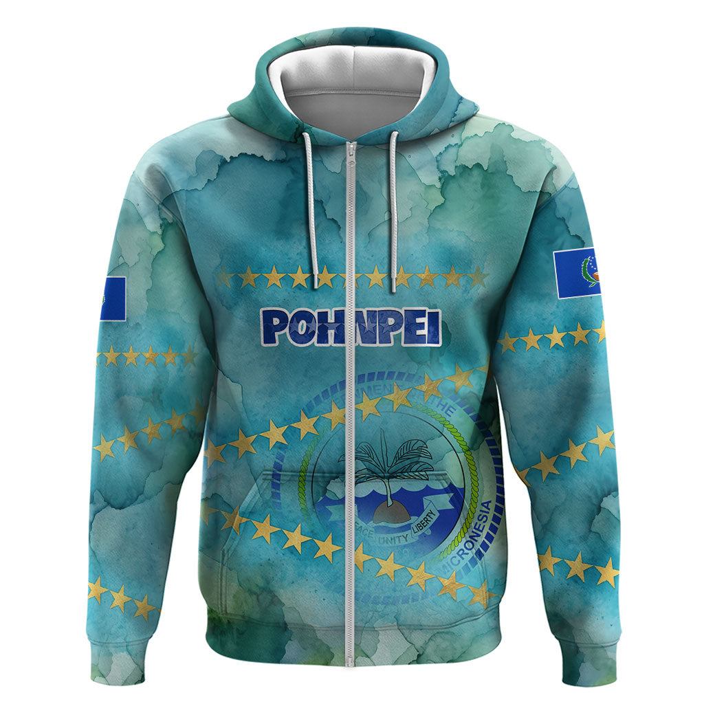 Pohnpei Federated States Of Micronesia Zip Hoodie Watercolor Heritage Graphic Art With State Seal And Tropical Stars TS04 Zip Hoodie Blue Green - Polynesian Pride