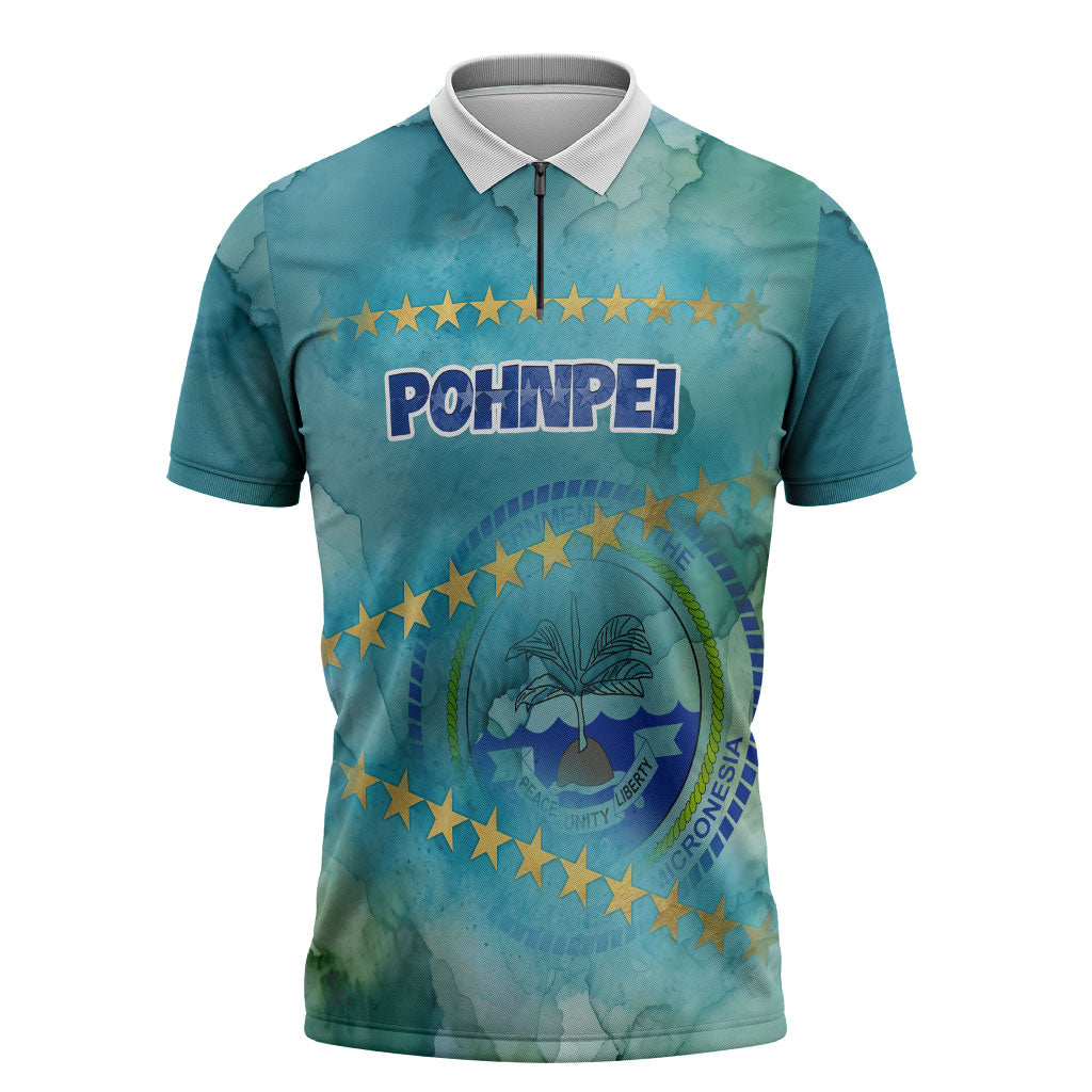 Pohnpei Federated States Of Micronesia Zipper Polo Shirt Watercolor Heritage Graphic Art With State Seal And Tropical Stars TS04 Blue Green - Polynesian Pride