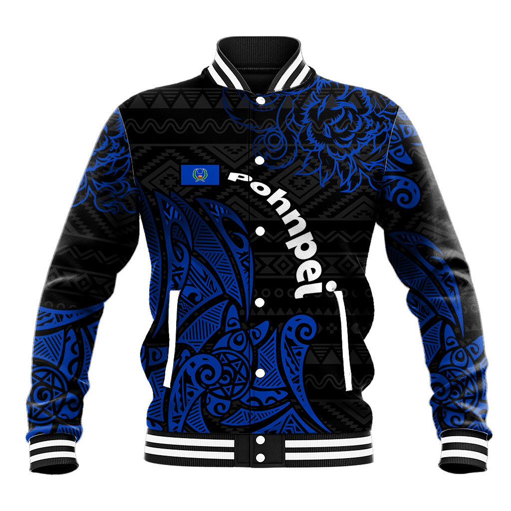 Pohnpei Federated States Of Micronesia Baseball Jacket Polynesian Tribal Heritage Art With Blue Island Tattoo Patterns