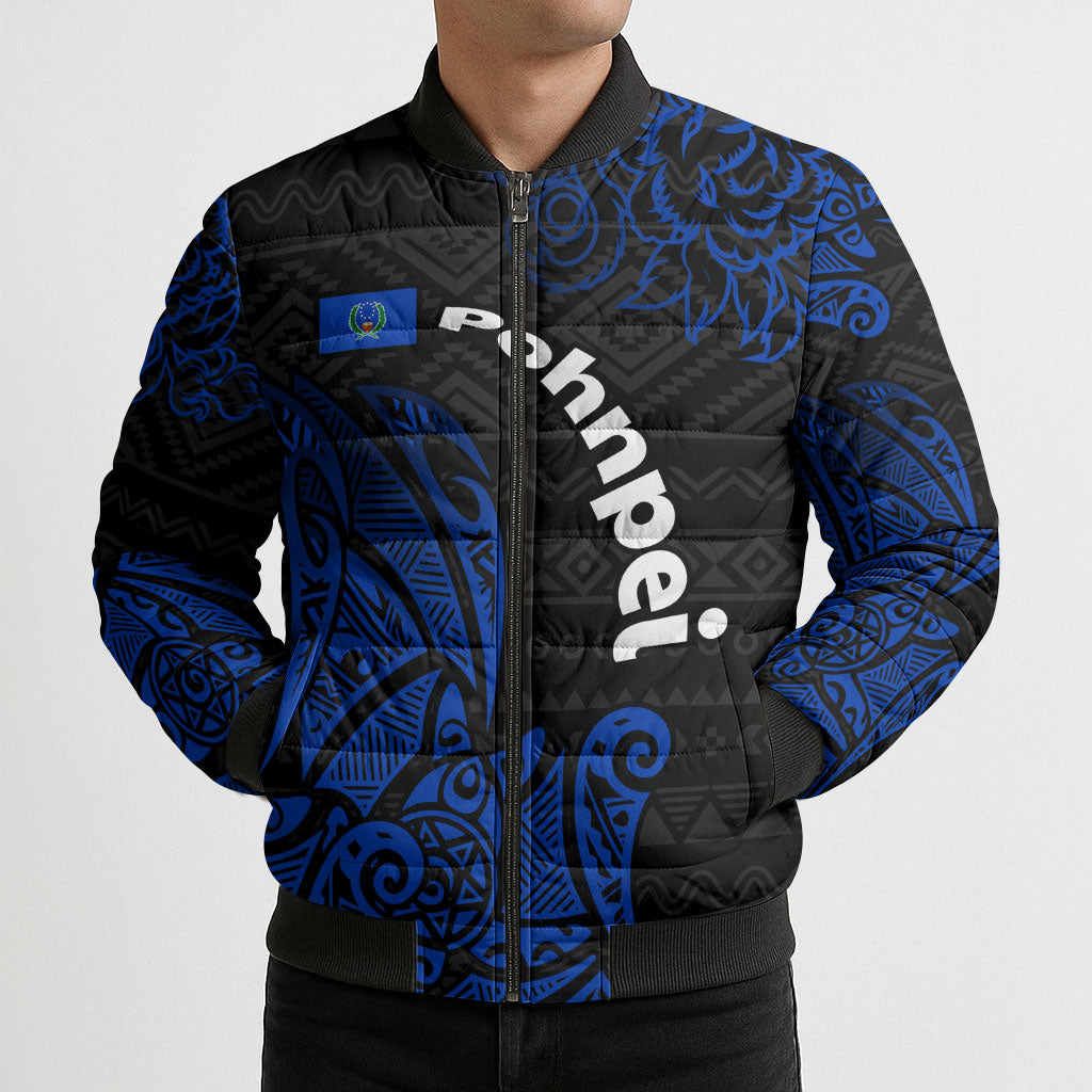 Pohnpei Federated States Of Micronesia Bomber Puffer Jacket Polynesian Tribal Heritage Art With Blue Island Tattoo Patterns