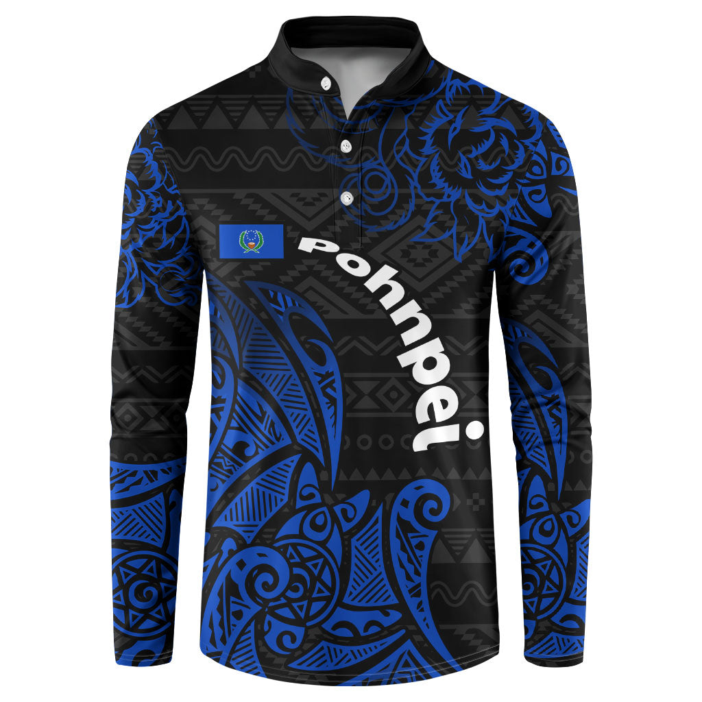 Pohnpei Federated States Of Micronesia Button Sweatshirt Polynesian Tribal Heritage Art With Blue Island Tattoo Patterns