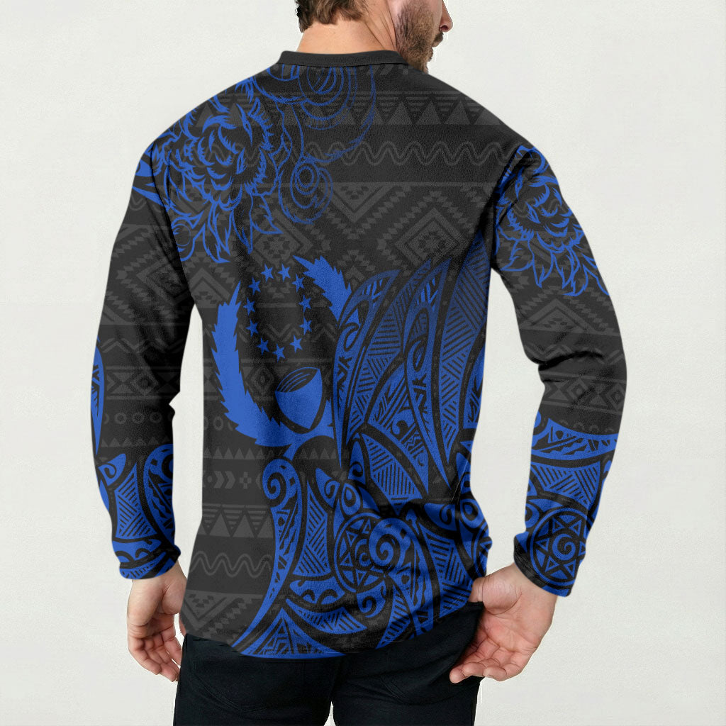 Pohnpei Federated States Of Micronesia Button Sweatshirt Polynesian Tribal Heritage Art With Blue Island Tattoo Patterns