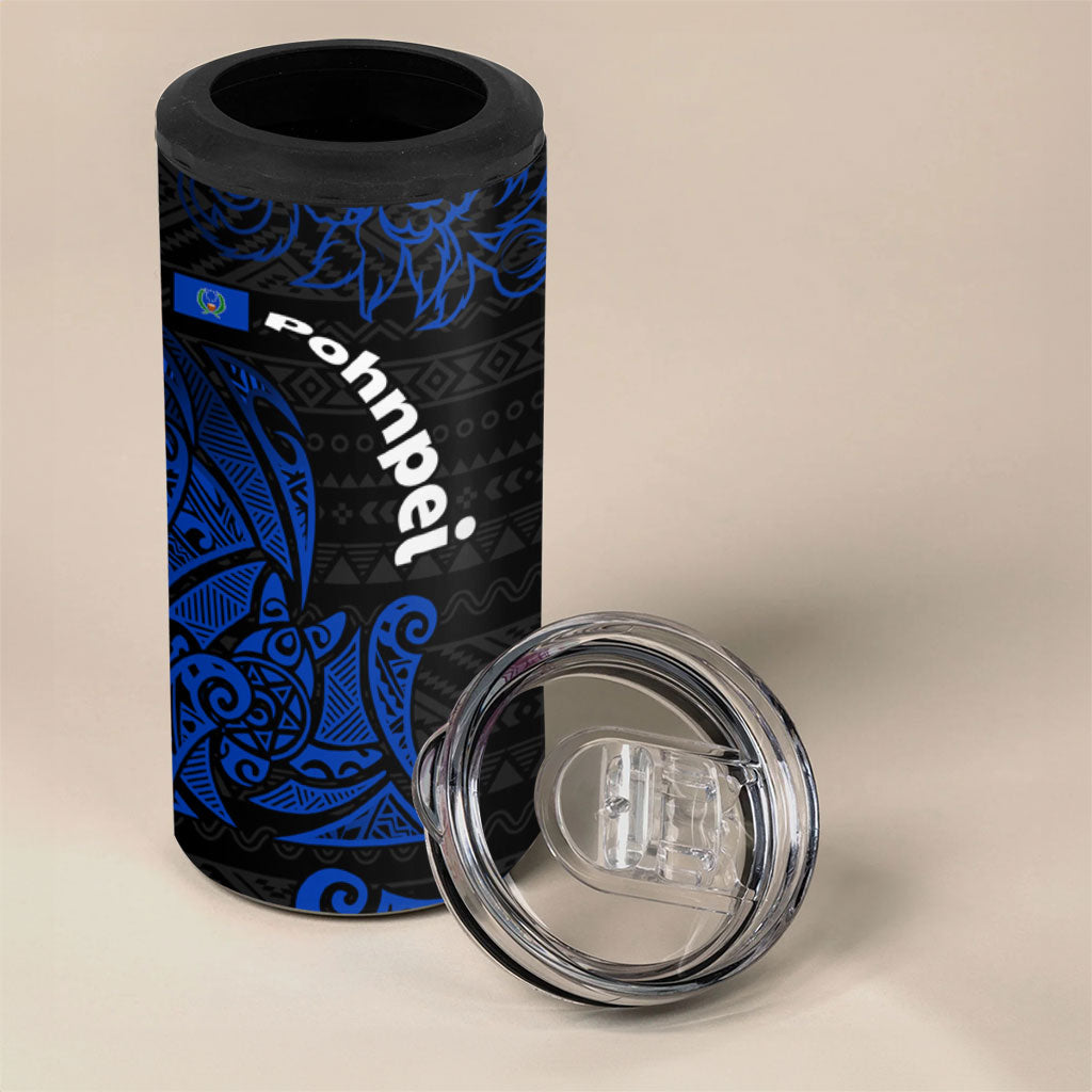 Pohnpei Federated States Of Micronesia 4 in 1 Can Cooler Tumbler Polynesian Tribal Heritage Art With Blue Island Tattoo Patterns