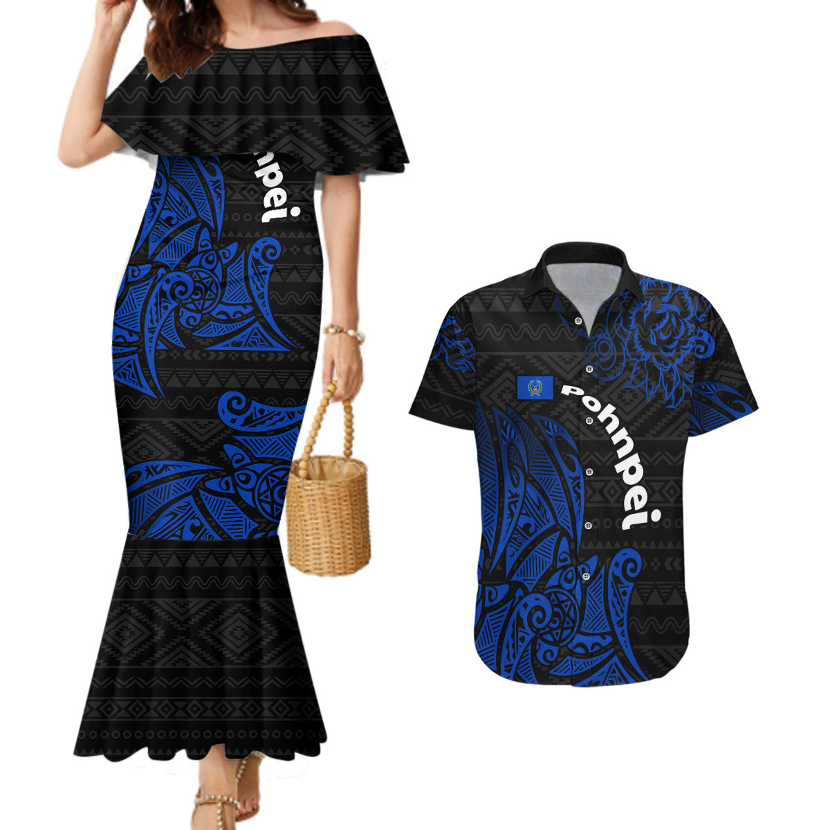 Pohnpei Federated States Of Micronesia Couples Matching Mermaid Dress and Hawaiian Shirt Polynesian Tribal Heritage Art With Blue Island Tattoo Patterns TS04 Black Blue - Polynesian Pride
