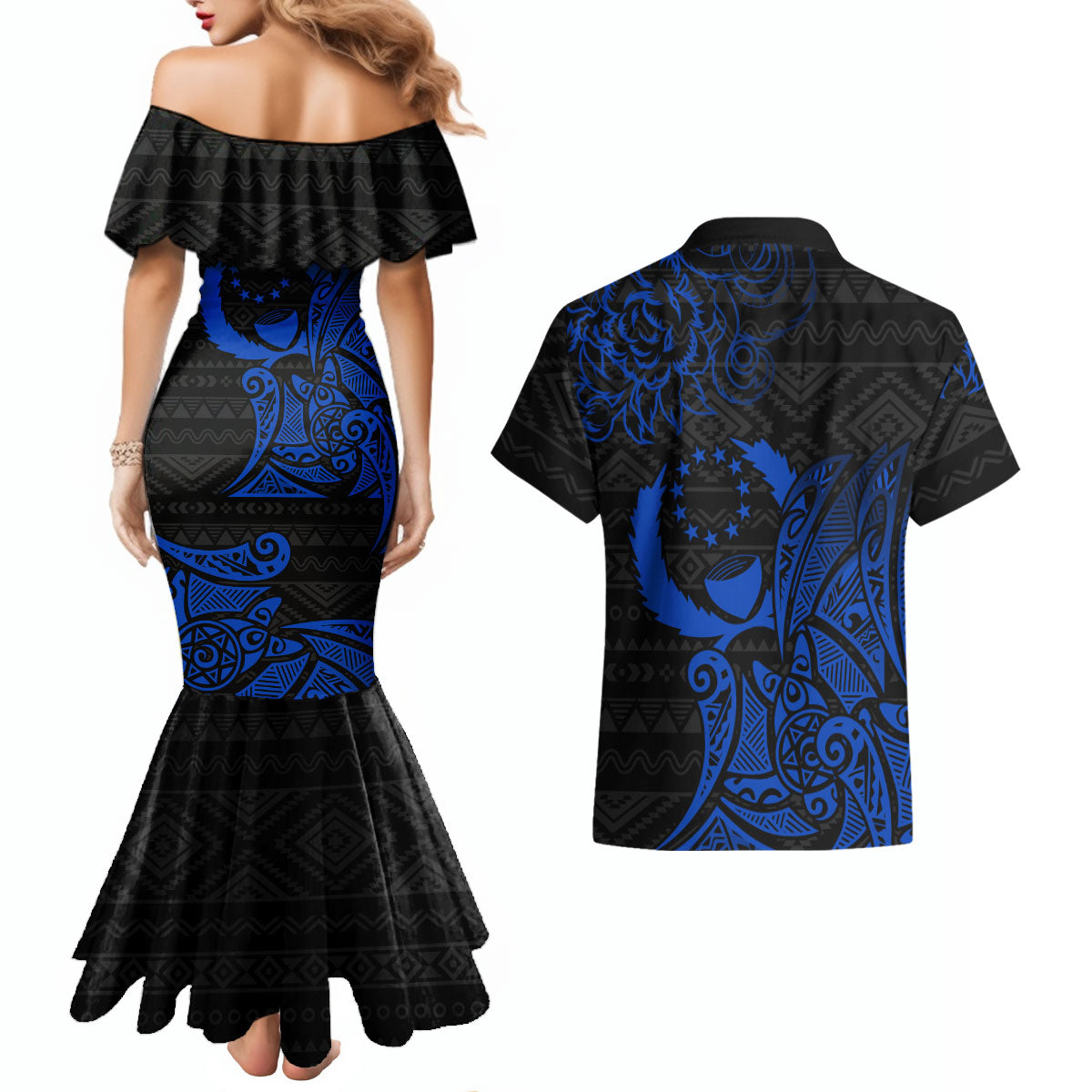 Pohnpei Federated States Of Micronesia Couples Matching Mermaid Dress and Hawaiian Shirt Polynesian Tribal Heritage Art With Blue Island Tattoo Patterns