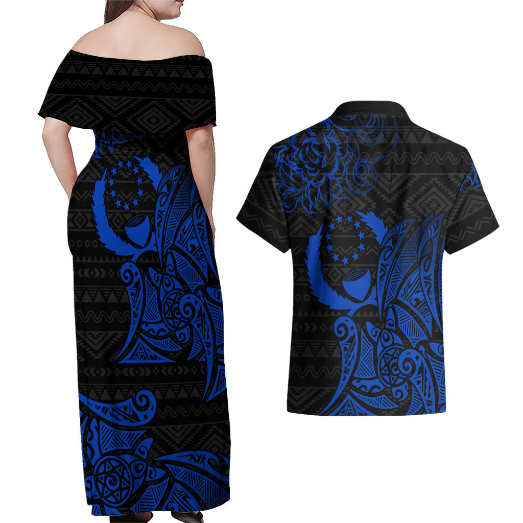 Pohnpei Federated States Of Micronesia Couples Matching Off Shoulder Maxi Dress and Hawaiian Shirt Polynesian Tribal Heritage Art With Blue Island Tattoo Patterns