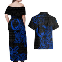 Pohnpei Federated States Of Micronesia Couples Matching Off Shoulder Maxi Dress and Hawaiian Shirt Polynesian Tribal Heritage Art With Blue Island Tattoo Patterns