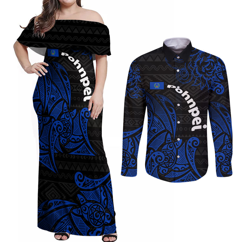 Pohnpei Federated States Of Micronesia Couples Matching Off Shoulder Maxi Dress and Long Sleeve Button Shirt Polynesian Tribal Heritage Art With Blue Island Tattoo Patterns TS04 Black Blue - Polynesian Pride