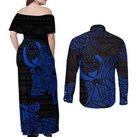 Pohnpei Federated States Of Micronesia Couples Matching Off Shoulder Maxi Dress and Long Sleeve Button Shirt Polynesian Tribal Heritage Art With Blue Island Tattoo Patterns