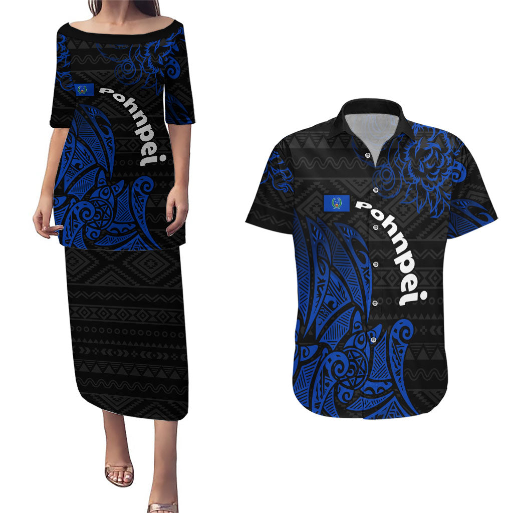 Pohnpei Federated States Of Micronesia Couples Matching Puletasi and Hawaiian Shirt Polynesian Tribal Heritage Art With Blue Island Tattoo Patterns TS04 Black Blue - Polynesian Pride