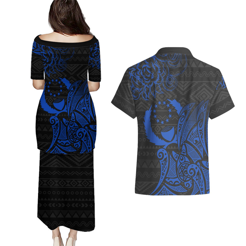 Pohnpei Federated States Of Micronesia Couples Matching Puletasi and Hawaiian Shirt Polynesian Tribal Heritage Art With Blue Island Tattoo Patterns