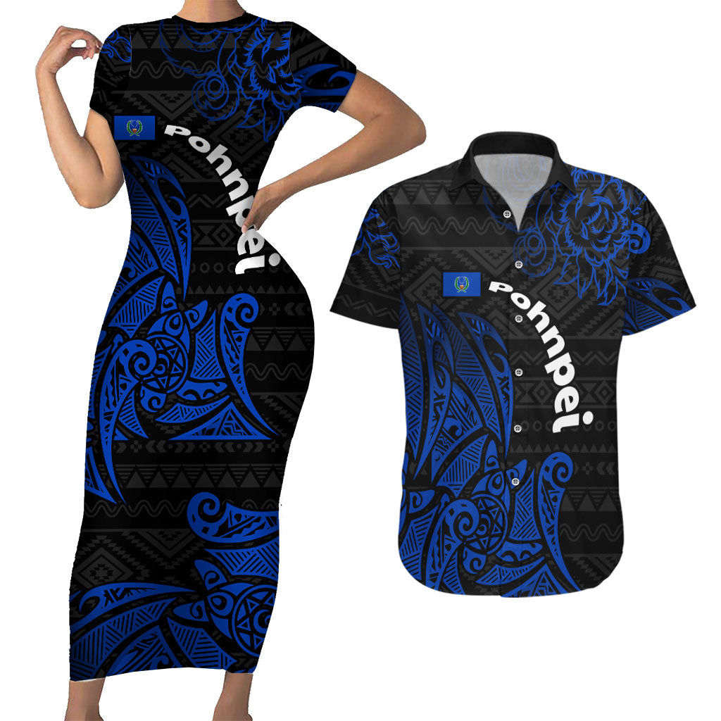 Pohnpei Federated States Of Micronesia Couples Matching Short Sleeve Bodycon Dress and Hawaiian Shirt Polynesian Tribal Heritage Art With Blue Island Tattoo Patterns