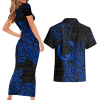 Pohnpei Federated States Of Micronesia Couples Matching Short Sleeve Bodycon Dress and Hawaiian Shirt Polynesian Tribal Heritage Art With Blue Island Tattoo Patterns