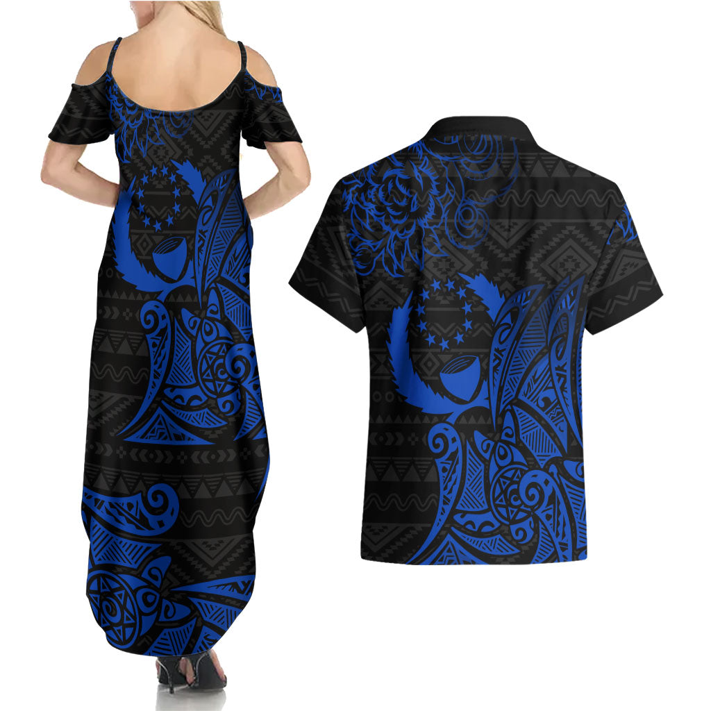 Pohnpei Federated States Of Micronesia Couples Matching Summer Maxi Dress and Hawaiian Shirt Polynesian Tribal Heritage Art With Blue Island Tattoo Patterns