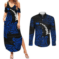 Pohnpei Federated States Of Micronesia Couples Matching Summer Maxi Dress and Long Sleeve Button Shirt Polynesian Tribal Heritage Art With Blue Island Tattoo Patterns