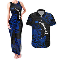 Pohnpei Federated States Of Micronesia Couples Matching Tank Maxi Dress and Hawaiian Shirt Polynesian Tribal Heritage Art With Blue Island Tattoo Patterns