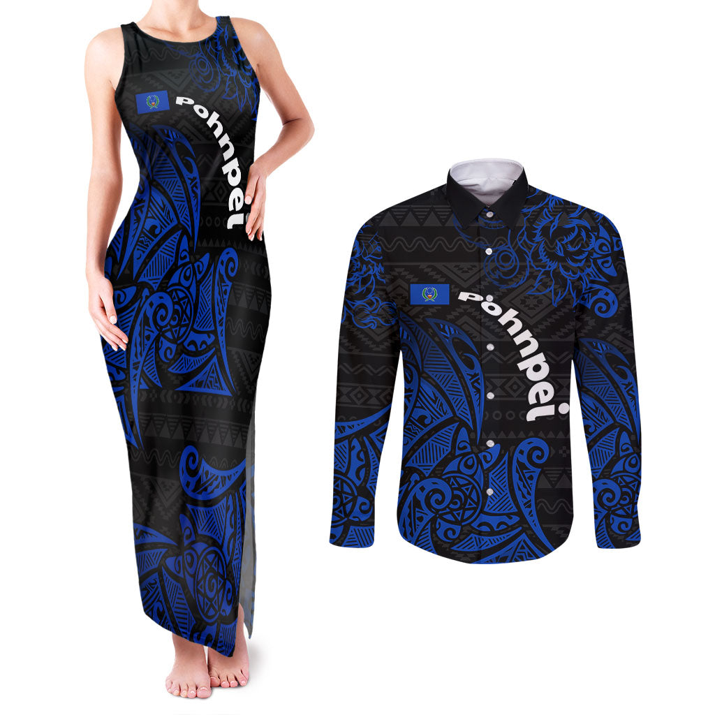 Pohnpei Federated States Of Micronesia Couples Matching Tank Maxi Dress and Long Sleeve Button Shirt Polynesian Tribal Heritage Art With Blue Island Tattoo Patterns TS04 Black Blue - Polynesian Pride