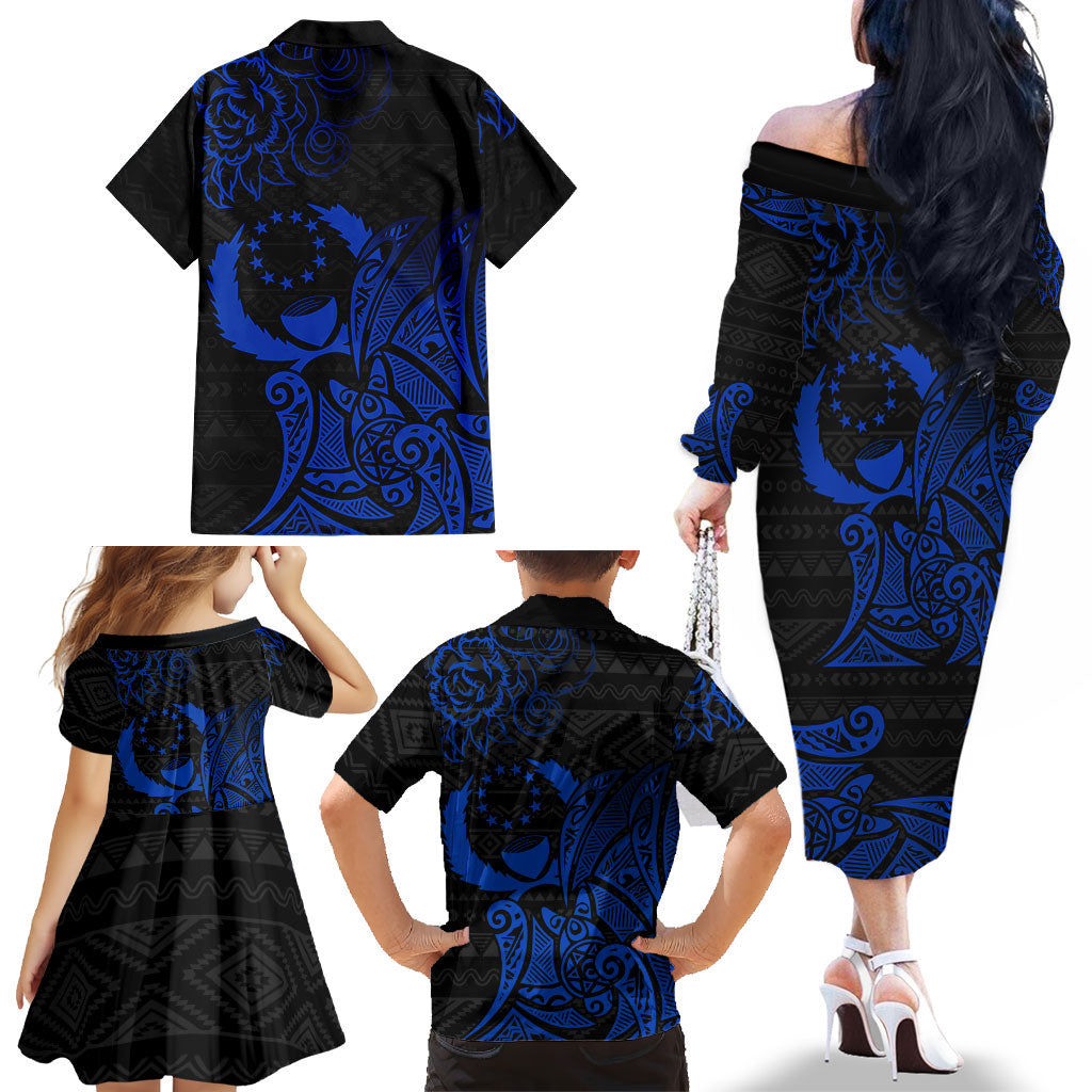 Pohnpei Federated States Of Micronesia Family Matching Off The Shoulder Long Sleeve Dress and Hawaiian Shirt Polynesian Tribal Heritage Art With Blue Island Tattoo Patterns