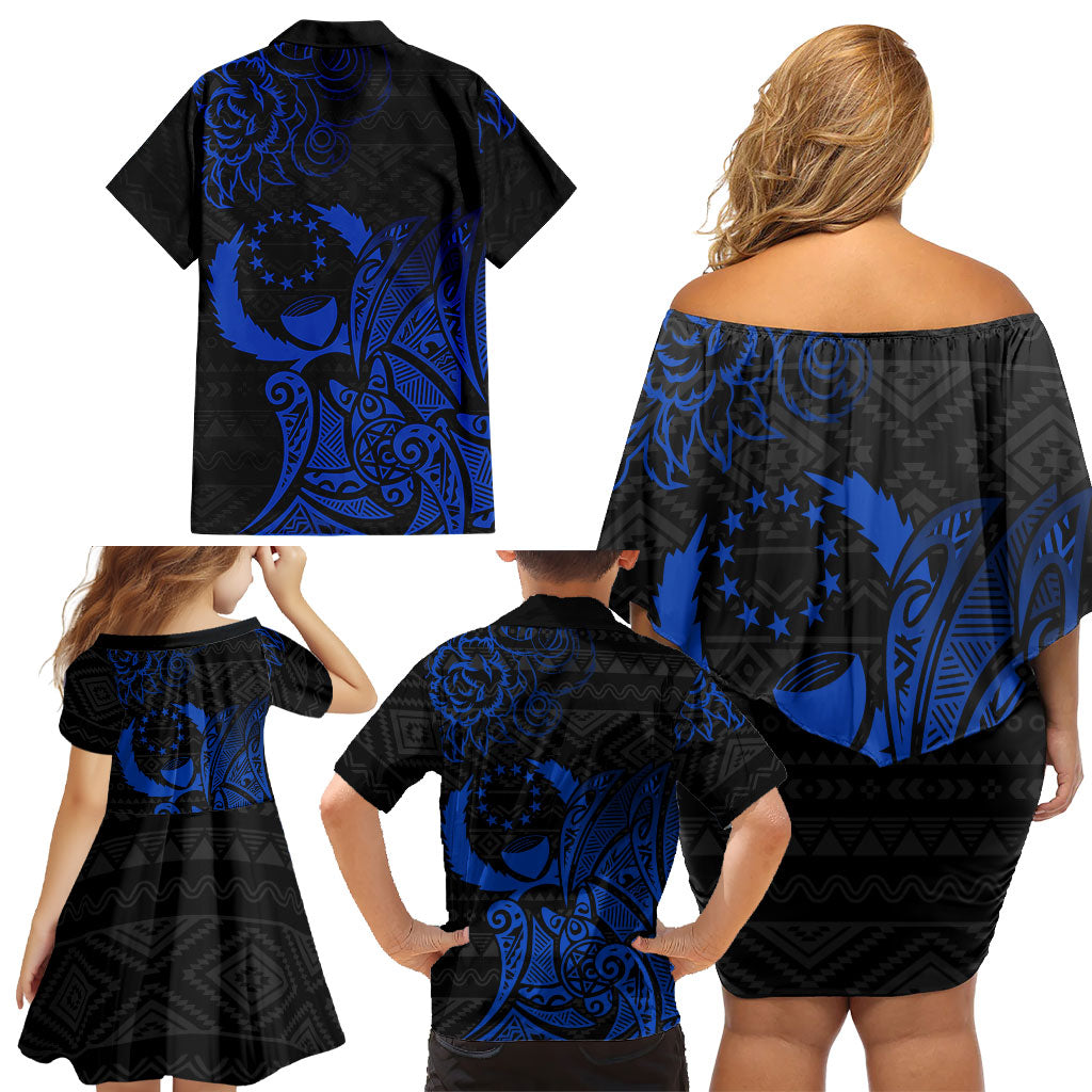 Pohnpei Federated States Of Micronesia Family Matching Off Shoulder Short Dress and Hawaiian Shirt Polynesian Tribal Heritage Art With Blue Island Tattoo Patterns