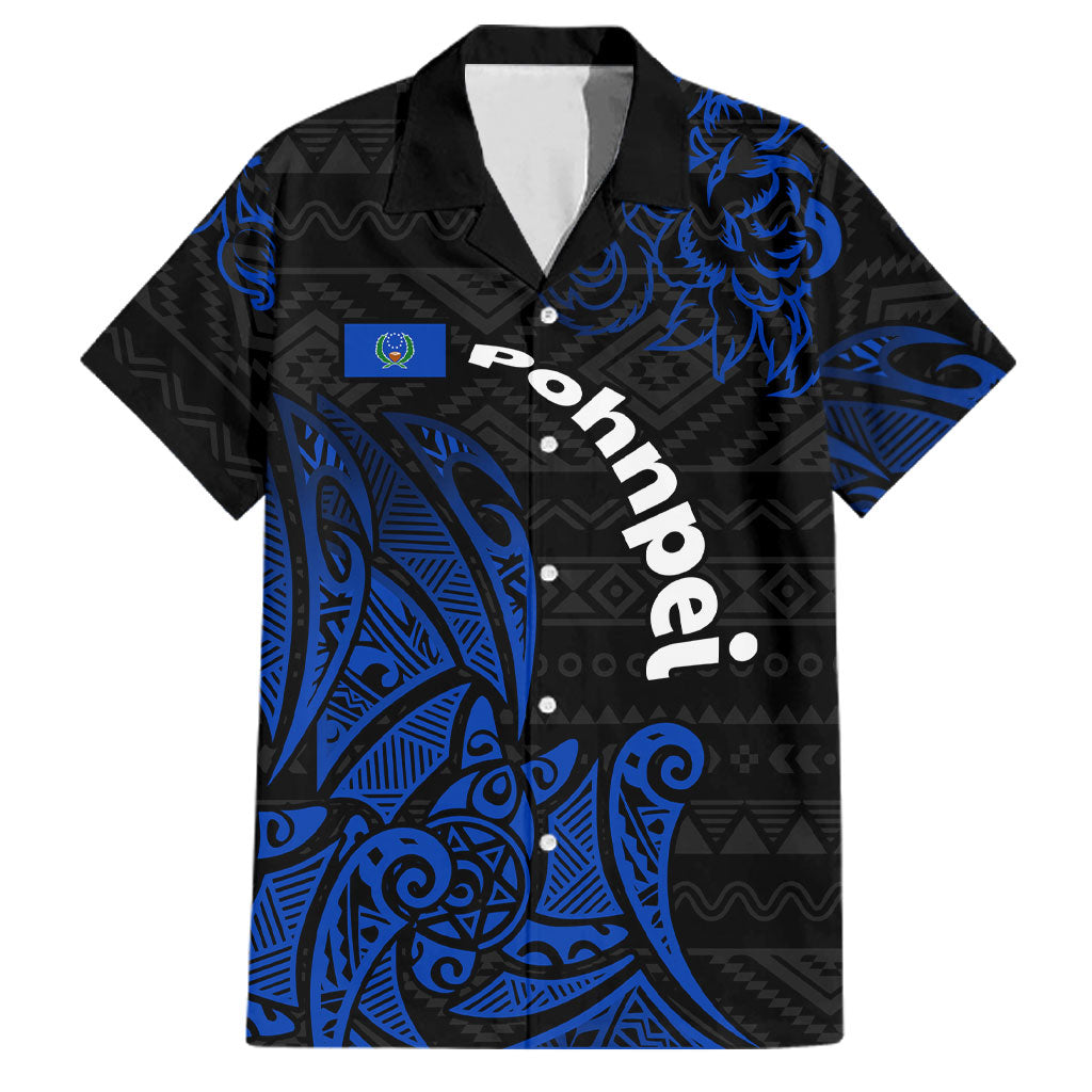 Pohnpei Federated States Of Micronesia Family Matching Off Shoulder Short Dress and Hawaiian Shirt Polynesian Tribal Heritage Art With Blue Island Tattoo Patterns