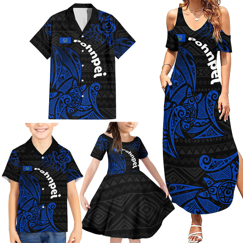 Pohnpei Federated States Of Micronesia Family Matching Summer Maxi Dress and Hawaiian Shirt Polynesian Tribal Heritage Art With Blue Island Tattoo Patterns