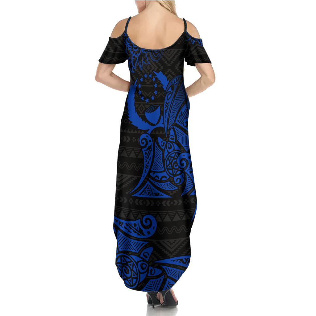 Pohnpei Federated States Of Micronesia Family Matching Summer Maxi Dress and Hawaiian Shirt Polynesian Tribal Heritage Art With Blue Island Tattoo Patterns