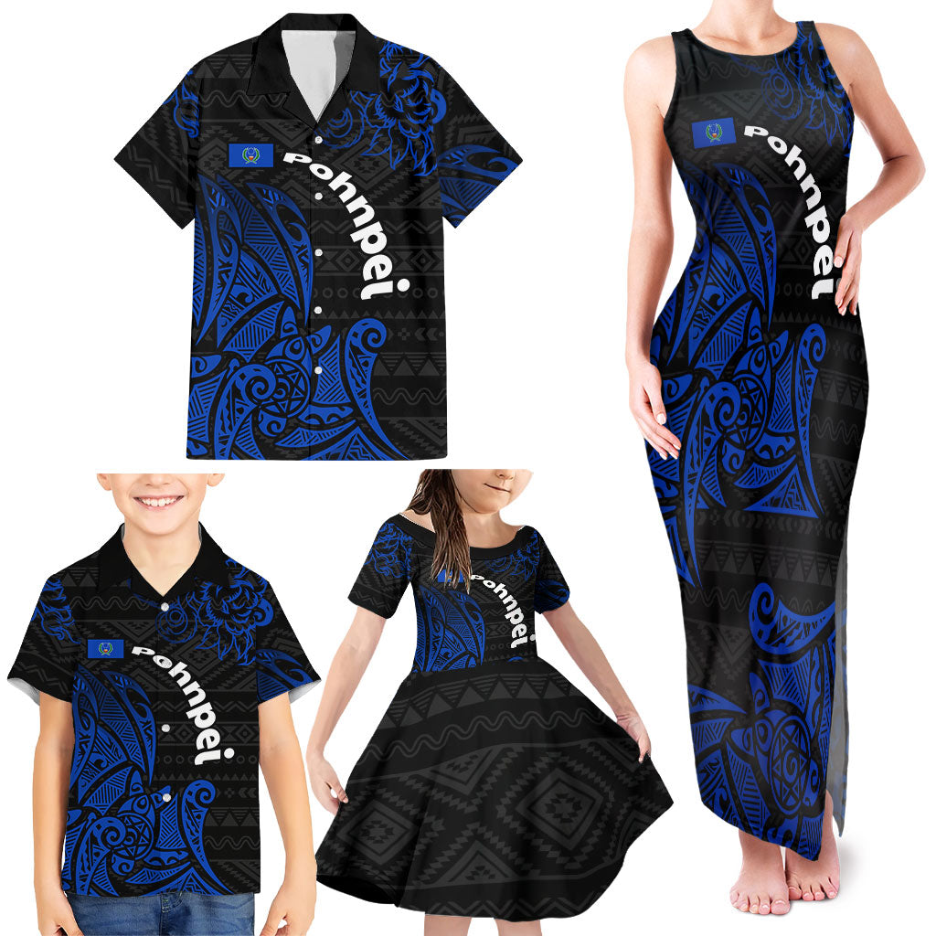 Pohnpei Federated States Of Micronesia Family Matching Tank Maxi Dress and Hawaiian Shirt Polynesian Tribal Heritage Art With Blue Island Tattoo Patterns TS04 - Polynesian Pride