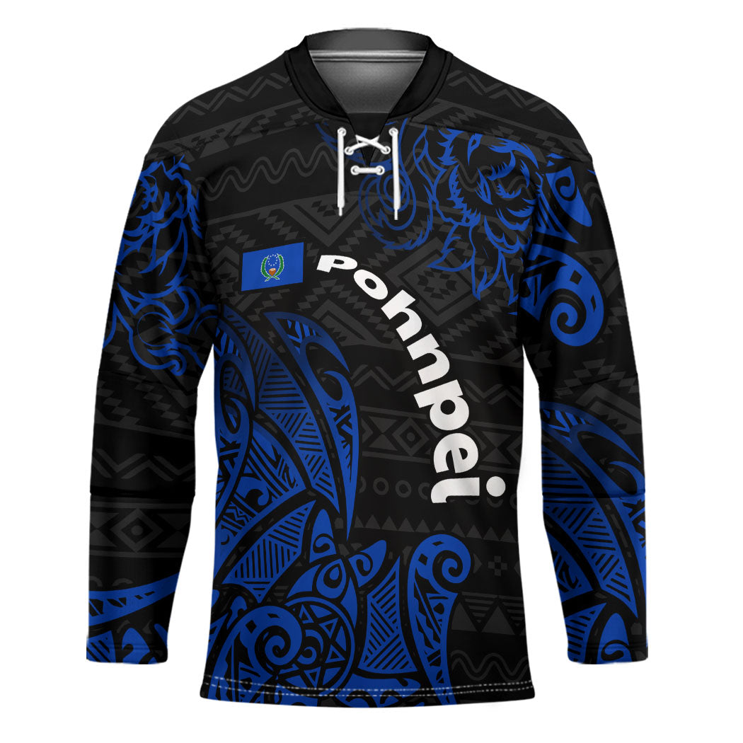 Pohnpei Federated States Of Micronesia Hockey Jersey Polynesian Tribal Heritage Art With Blue Island Tattoo Patterns TS04 Unisex Black Blue - Polynesian Pride