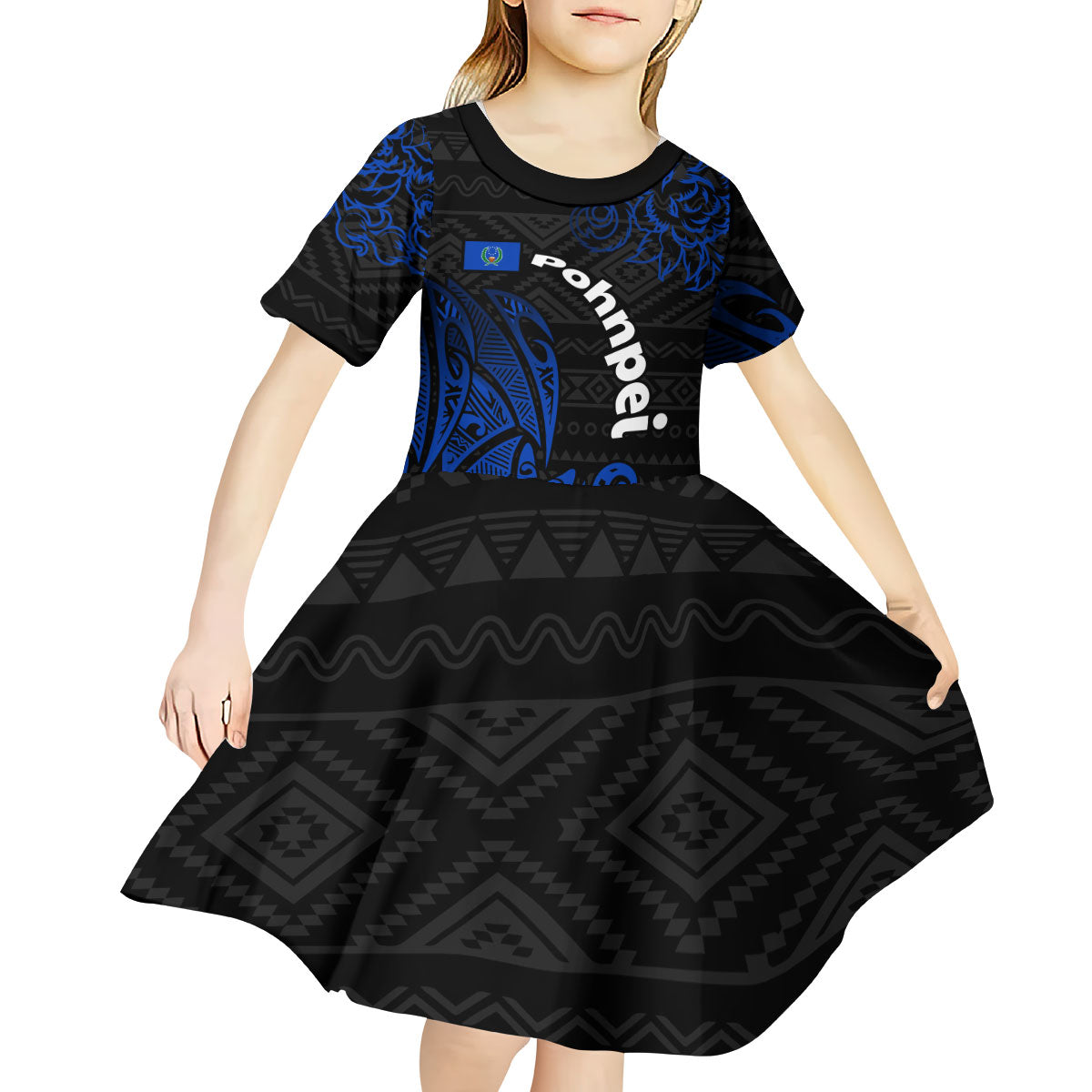 Pohnpei Federated States Of Micronesia Kid Short Sleeve Dress Polynesian Tribal Heritage Art With Blue Island Tattoo Patterns